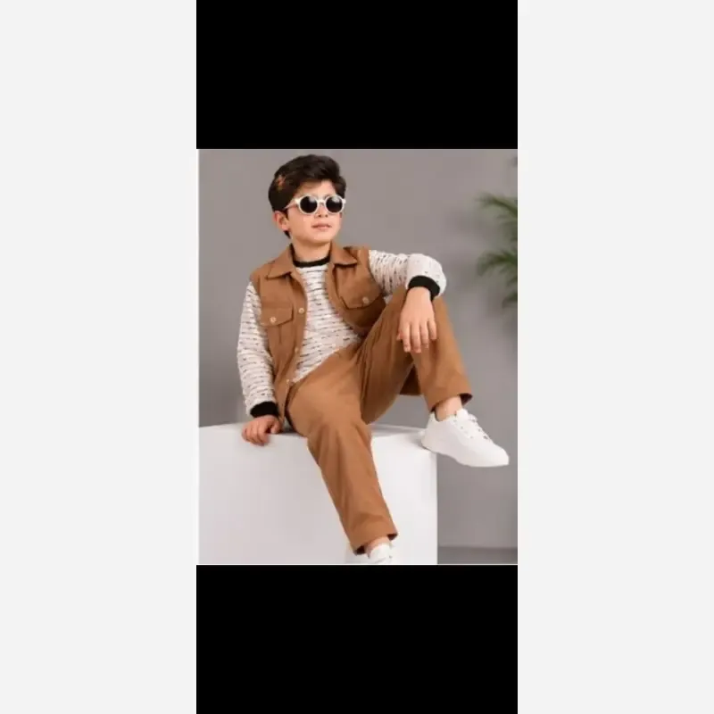 ست پسرانه سه تیکه مجلسی کت و شلوار کتان و بلوز مراکش مناسب 4 تا 12 سال
