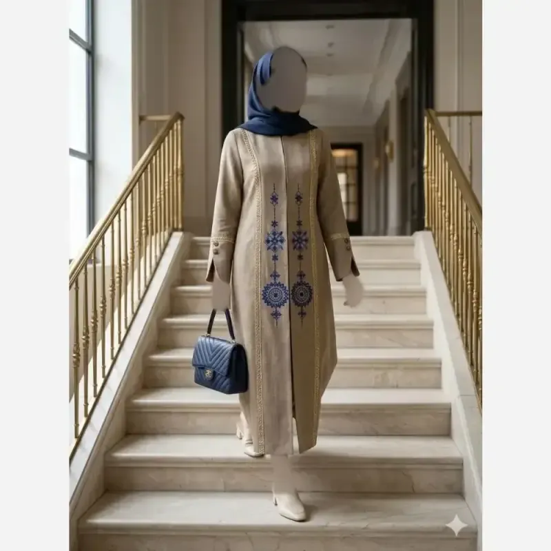 مانتو زنانه مدل آوا جنس شانتون اسلپ گلدوزی شده قد 107 سانت
